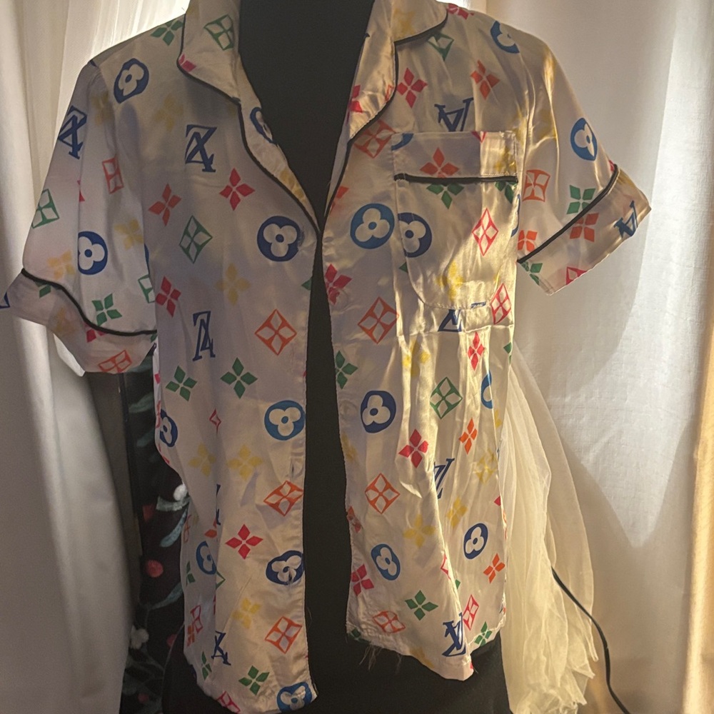 Colorful Logo Print Short Sleeve Shirt matching Pants PJ SET